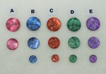 A - Fuchsia / B - Bleu vif / C - Orange / D - Vert / E - Violet (diamtres 15/23 et 28 mm)