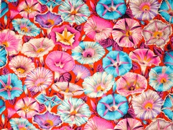 E - Morning glory (turquoise, rose sur fond orange)